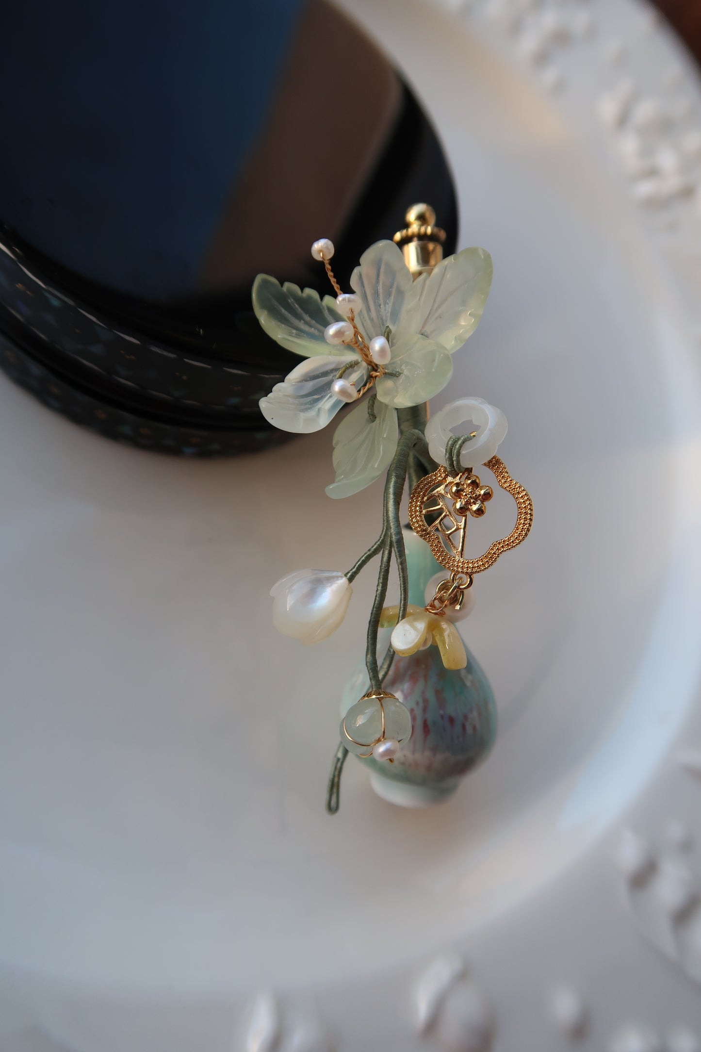 Serpentine Jade Orchid Vase Brooch