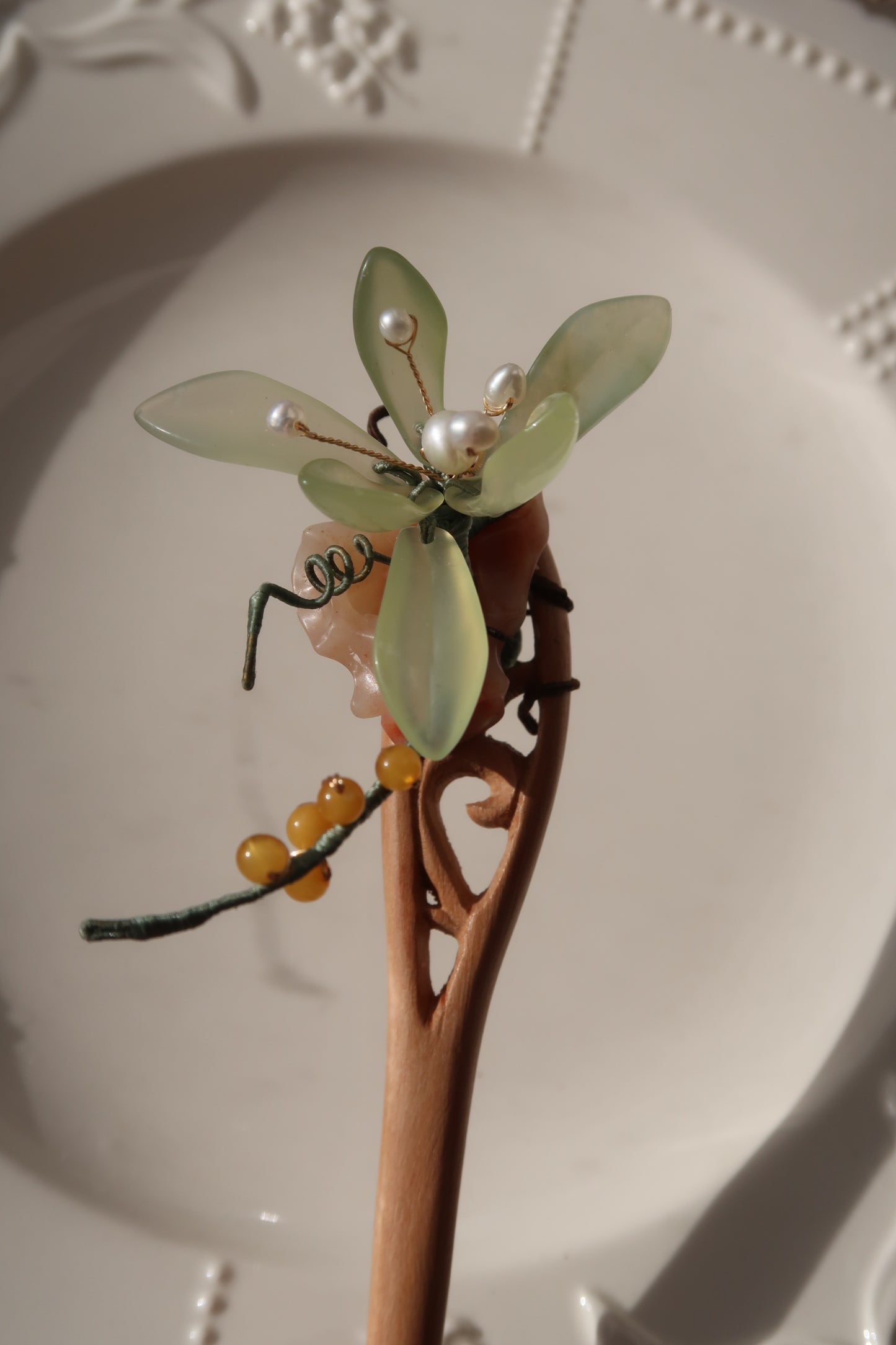 Serpentine jade Orchid on Taihu Stone Hairpin