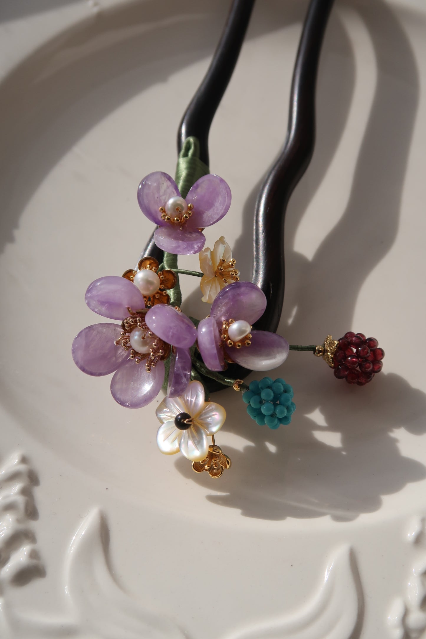 Camellia and pomegranate ebony hairpin