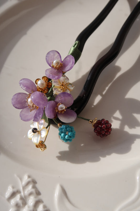 Camellia and pomegranate ebony hairpin