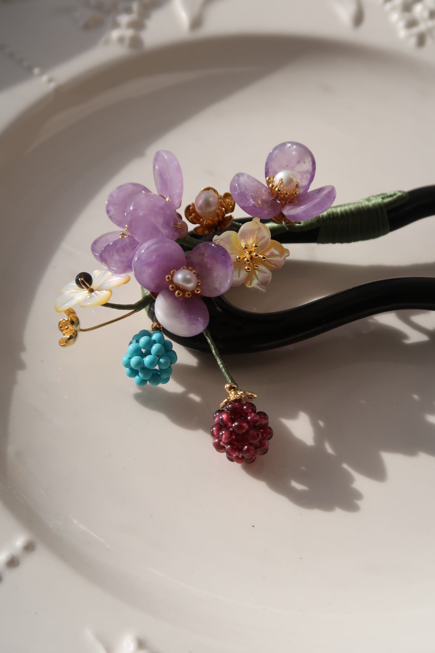 Camellia and pomegranate ebony hairpin